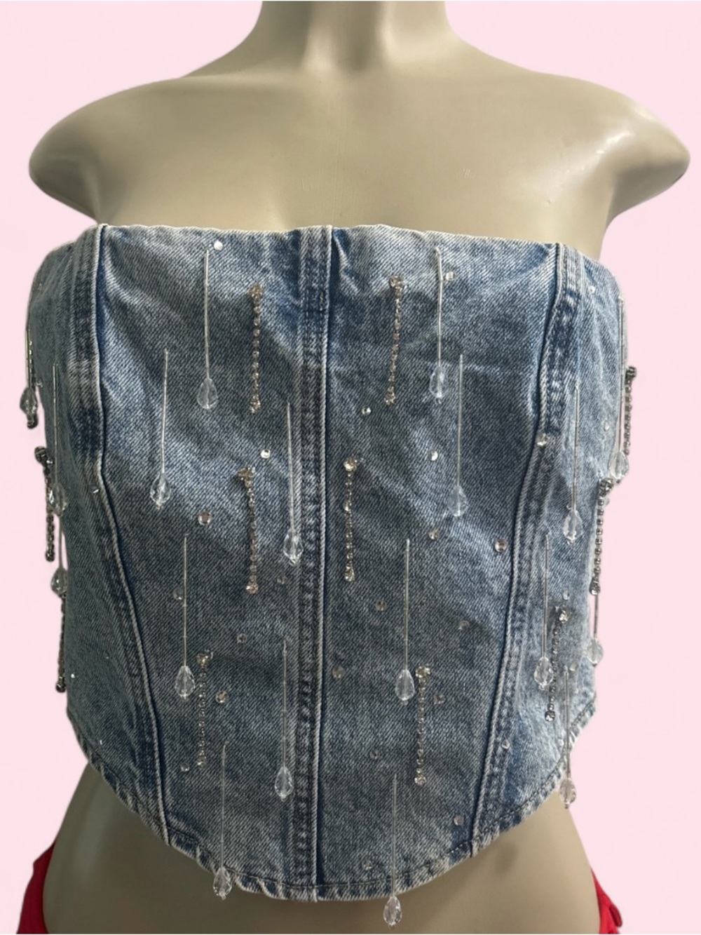 Embellished Strapless Denim Corset Top - Light Blue